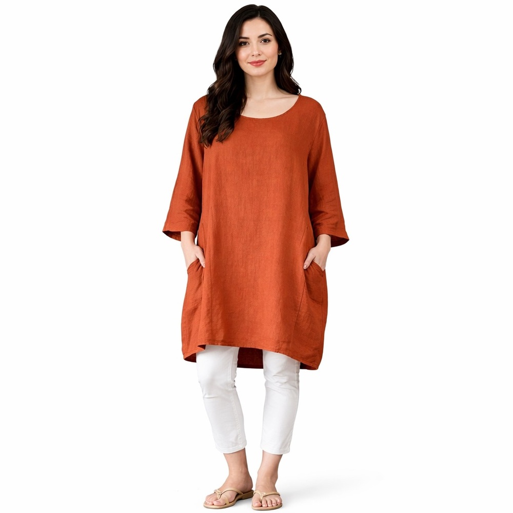 SAGA Linen Dress One Size Rust Brown Oversized Loose Minimalist Made In Italy